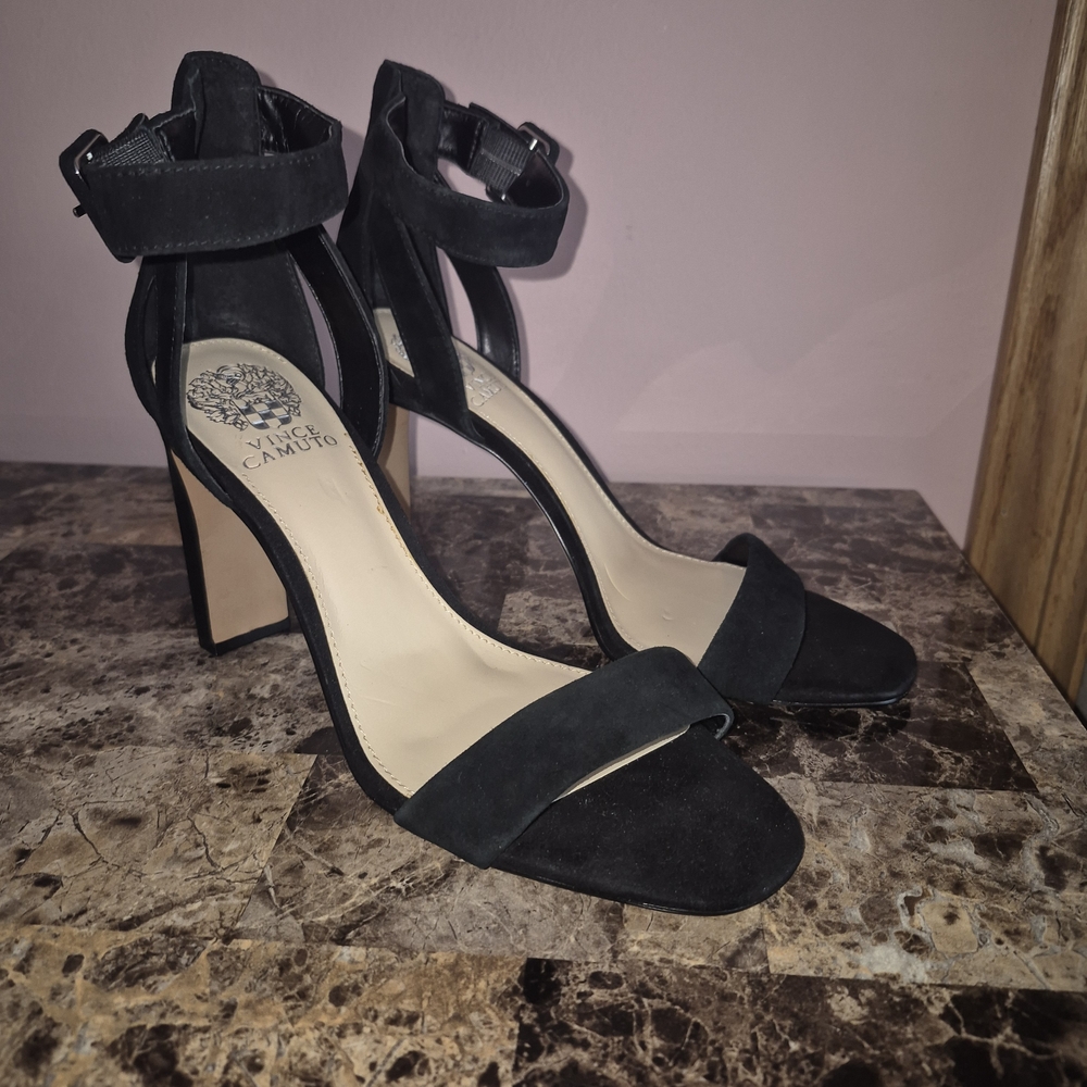 Vince Camuto Elegant Black Suede Ankle Strap Heels - Picture 4 of 5
